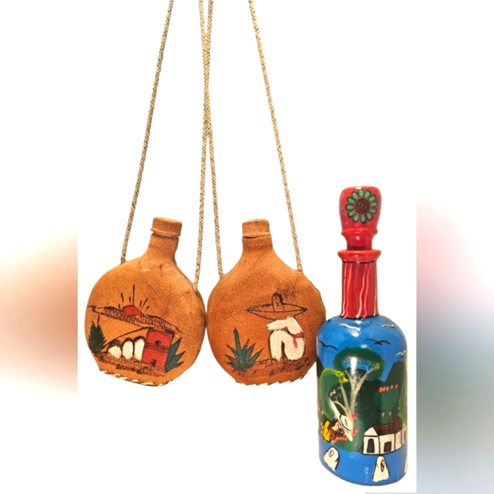 Lot Of Vintage Handpainted Mexican Art/Canteens & Terracotta Bottle From Mexico